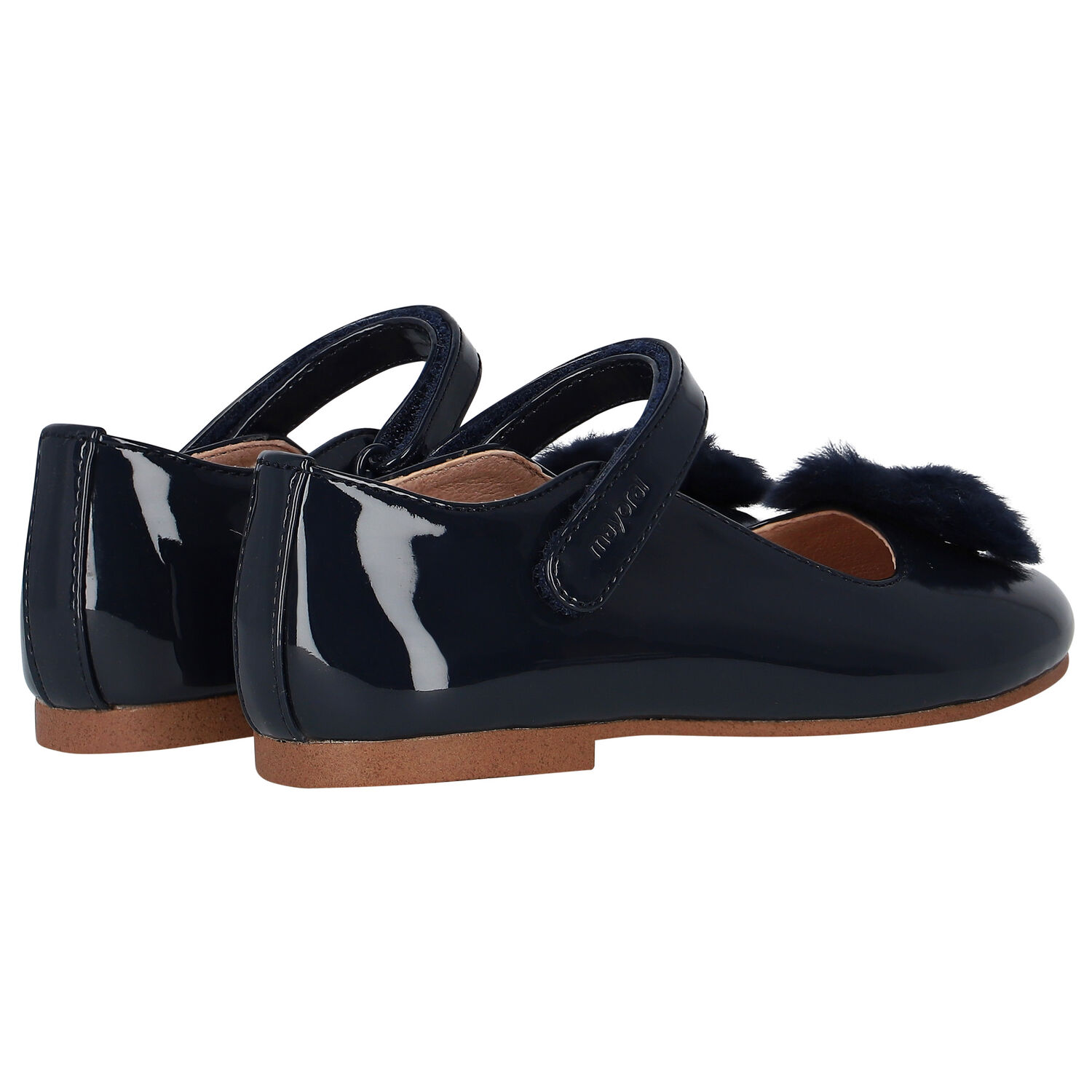 Girls Navy Blue Fur Patent Leather Shoes, 2, hi-res